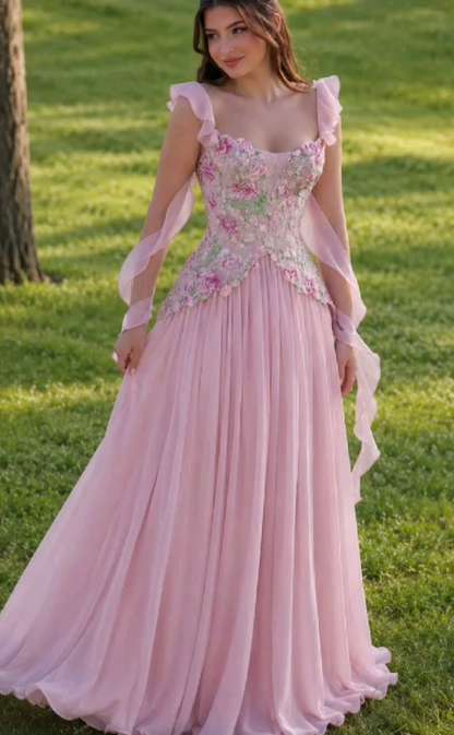 Romantic Off The Shoulder Prom Dress Floral Sequins A-Line Evening Dress GG7795