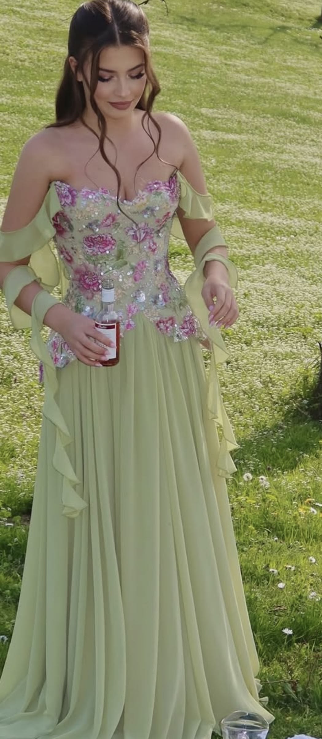 Romantic Off The Shoulder Prom Dress Floral Sequins A-Line Evening Dress GG7795