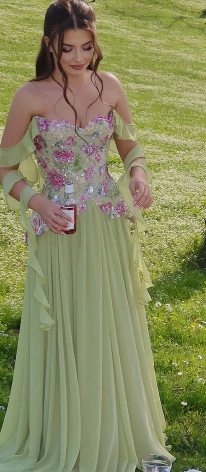 Romantic Off The Shoulder Prom Dress Floral Sequins A-Line Evening Dress GG7795