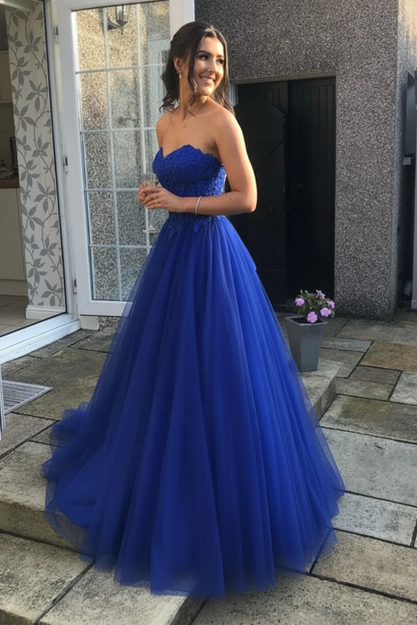 Charming Strapless Prom Dress Appliques Tulle A-Line Evening Dress GG7797
