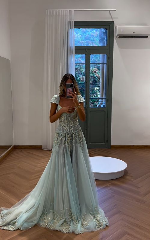 Ornate Square Neck Green Prom Dress Sequins Tulle A-Line Evening Dress GG7800