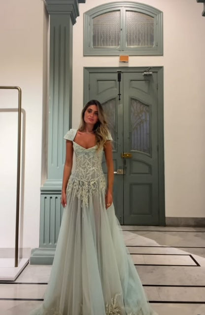 Ornate Square Neck Green Prom Dress Sequins Tulle A-Line Evening Dress GG7800