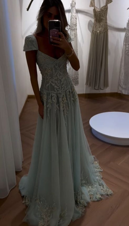Ornate Square Neck Green Prom Dress Sequins Tulle A-Line Evening Dress GG7800