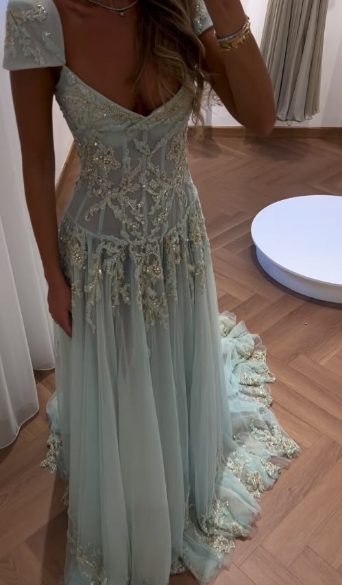 Ornate Square Neck Green Prom Dress Sequins Tulle A-Line Evening Dress GG7800
