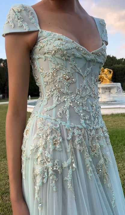 Ornate Square Neck Green Prom Dress Sequins Tulle A-Line Evening Dress GG7800