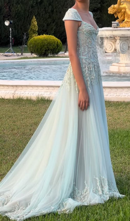 Ornate Square Neck Green Prom Dress Sequins Tulle A-Line Evening Dress GG7800