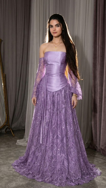 Gorgeous Off The Shoulder Prom Dress Long Sleeve Satin Sequins A-Line Evening Dress GG7801