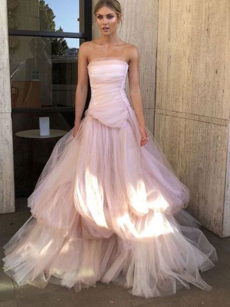 Romantic Strapless Pink Prom Dress Tulle A-Line Evening Dress GG7803