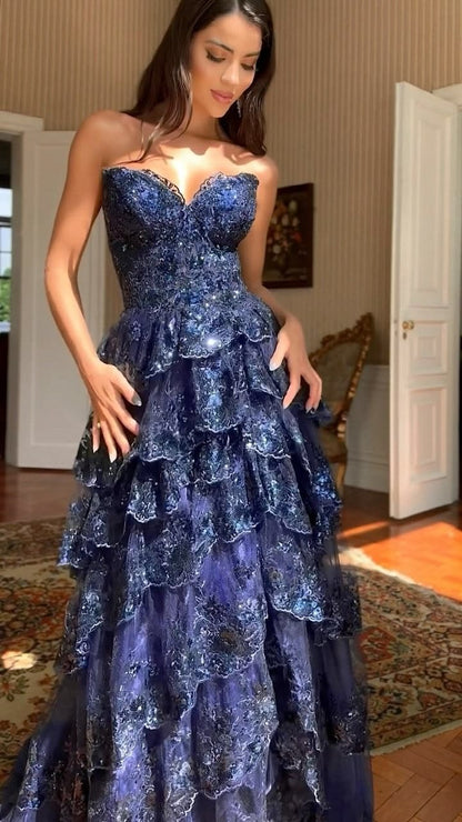 Unique Strapless Prom Dress Sequins Tiered A-Line Evening Dress GG7804