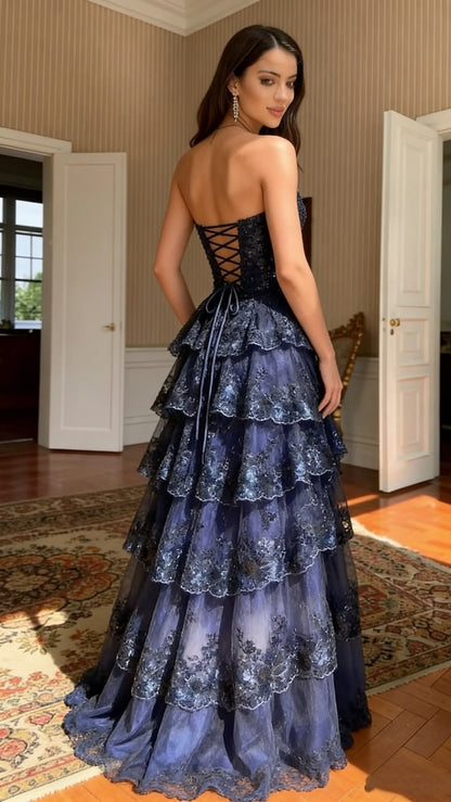 Unique Strapless Prom Dress Sequins Tiered A-Line Evening Dress GG7804