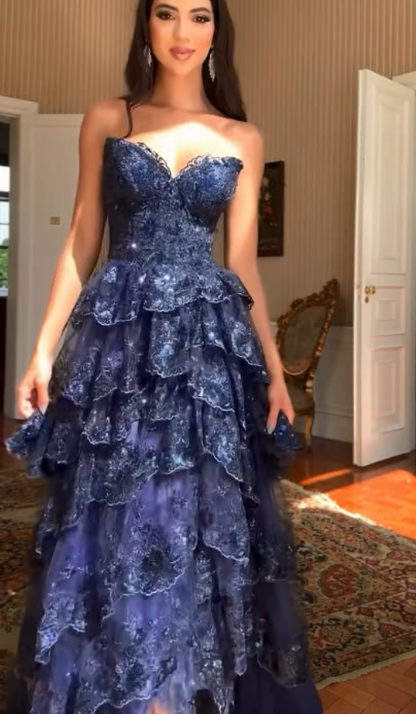 Unique Strapless Prom Dress Sequins Tiered A-Line Evening Dress GG7804