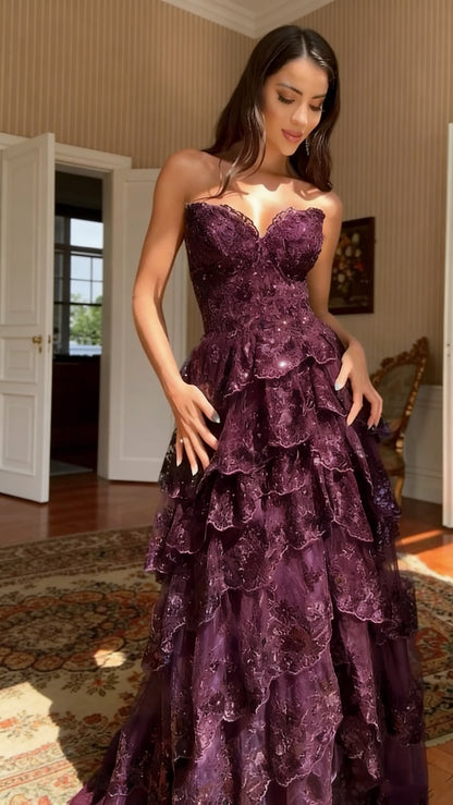 Unique Strapless Prom Dress Sequins Tiered A-Line Evening Dress GG7804