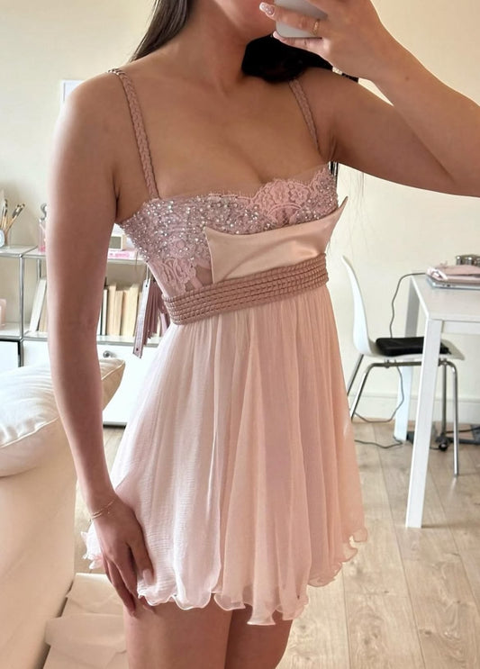 Chic Spaghetti Straps Homecoming Dress Pink Sequins A-Line Birthday Dress GG7807