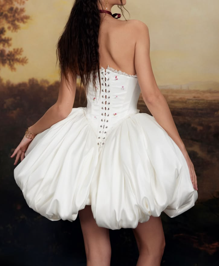 Adorable Strapless Floral Homecoming Dress White Satin Bows A-Line Birthday Dress GG7809