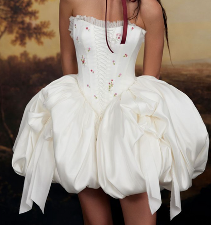 Adorable Strapless Floral Homecoming Dress White Satin Bows A-Line Birthday Dress GG7809