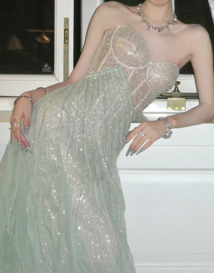 Luxurious Strapless Green Prom Dress Sequins Mermaid Evening Dress GG7810