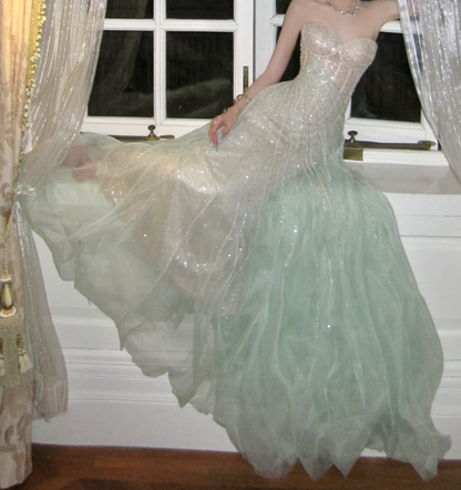 Luxurious Strapless Green Prom Dress Sequins Mermaid Evening Dress GG7810