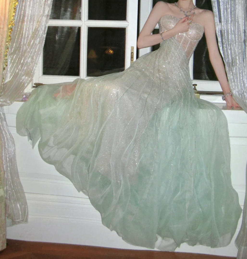 Luxurious Strapless Green Prom Dress Sequins Mermaid Evening Dress GG7810