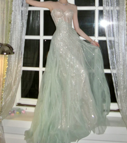 Luxurious Strapless Green Prom Dress Sequins Mermaid Evening Dress GG7810