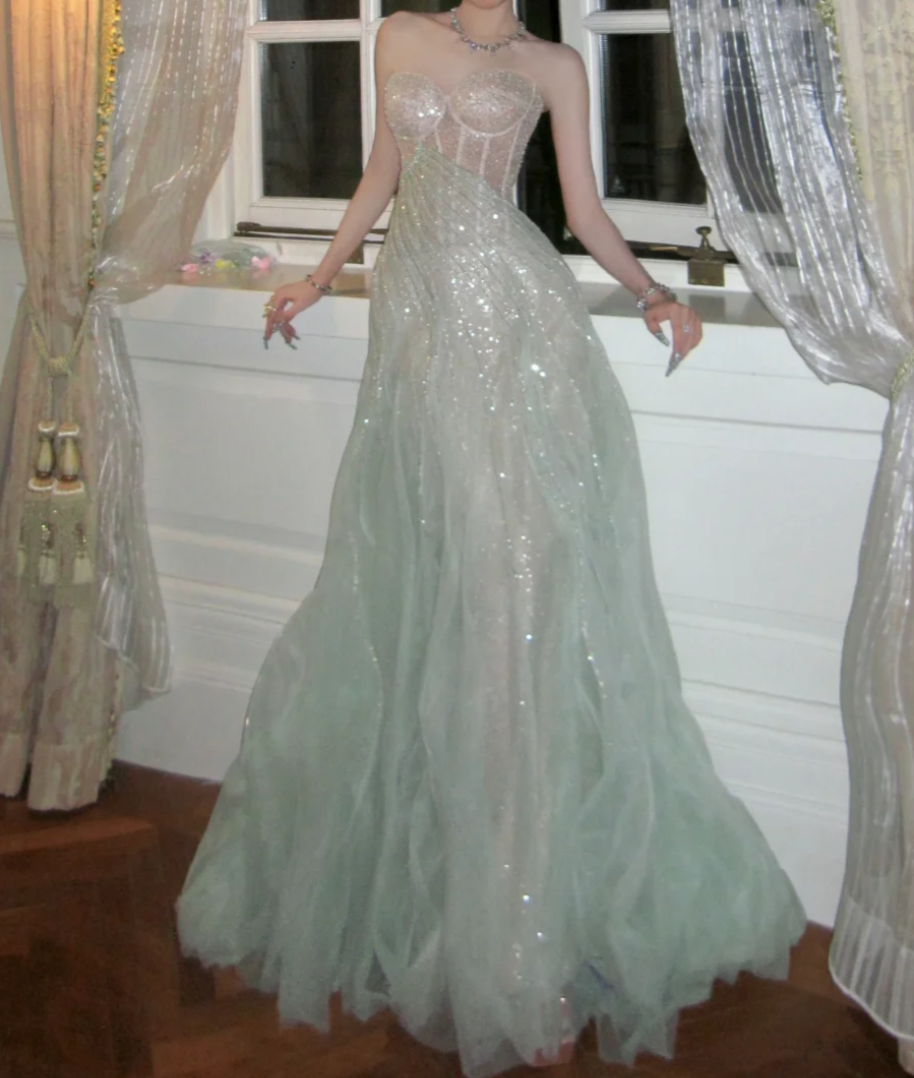 Luxurious Strapless Green Prom Dress Sequins Mermaid Evening Dress GG7810