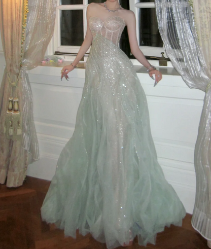 Luxurious Strapless Green Prom Dress Sequins Mermaid Evening Dress GG7810