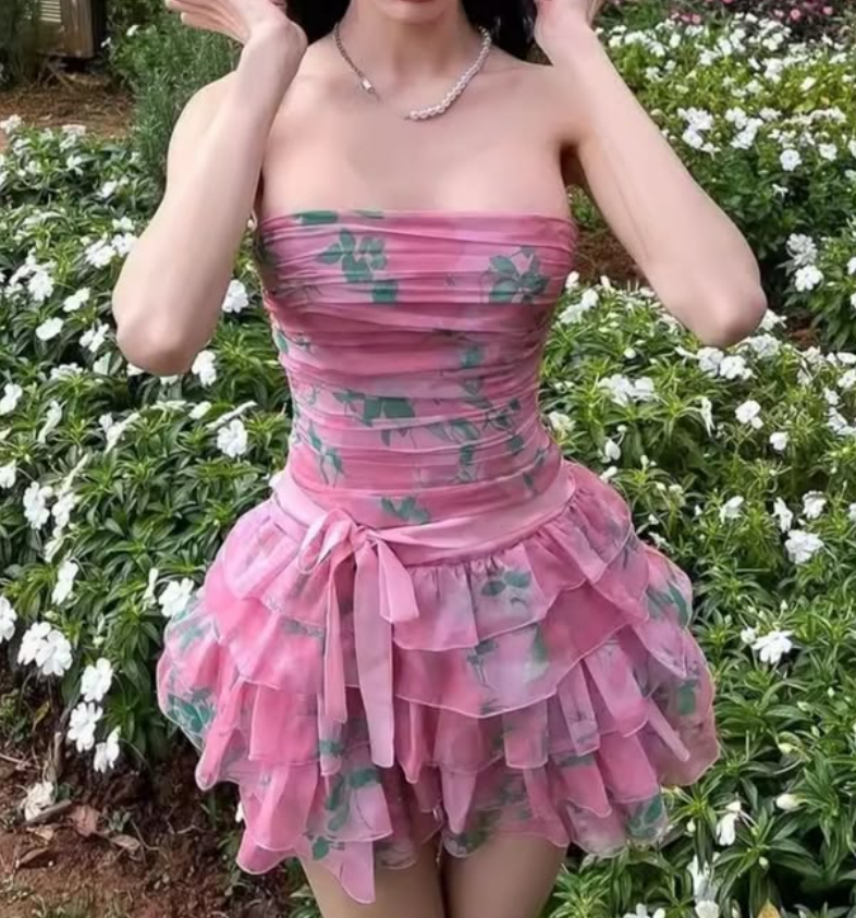 Sweet Strapless Floral Homecoming Dress Pink Tiered A-Line Birthday Dress GG7813