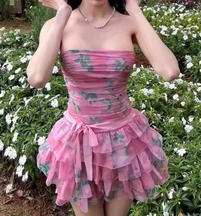 Sweet Strapless Floral Homecoming Dress Pink Tiered A-Line Birthday Dress GG7813