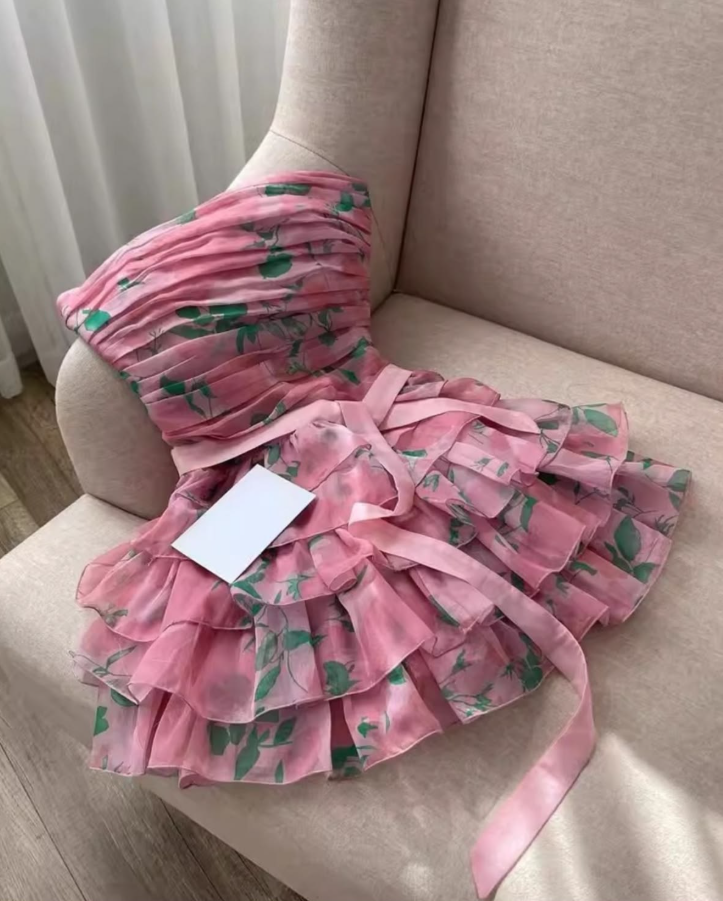 Sweet Strapless Floral Homecoming Dress Pink Tiered A-Line Birthday Dress GG7813
