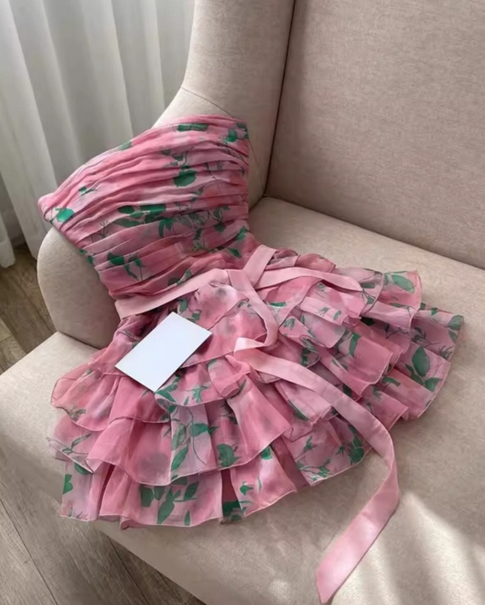 Sweet Strapless Floral Homecoming Dress Pink Tiered A-Line Birthday Dress GG7813
