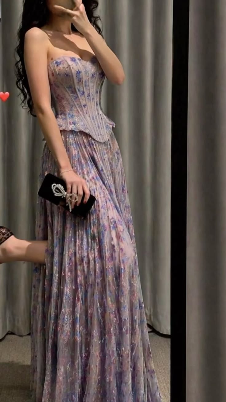 Retro Strapless Purple Prom Dress Floral A-Line Evening Dress GG7816