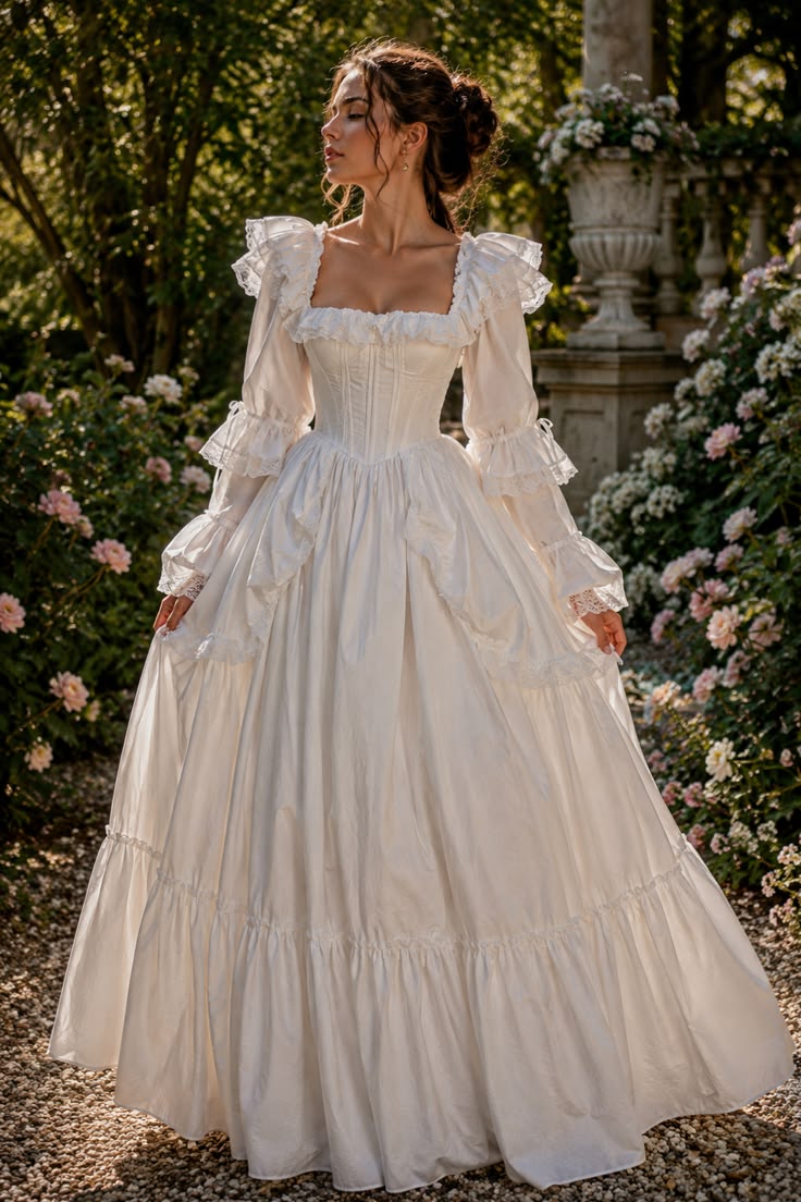 Romantic Square Neck Wedding Dress Long Sleeve Ruffles A-Line Bridal Dress GG7818