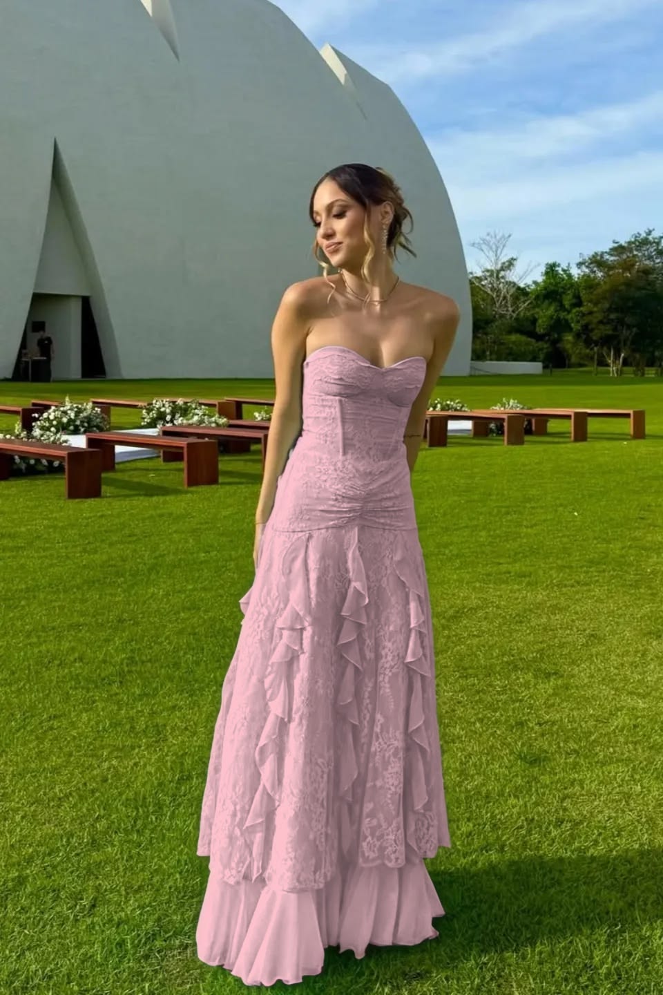Unique Strapless Prom Dress Lace Ruffles A-Line Evening Dress GG7820