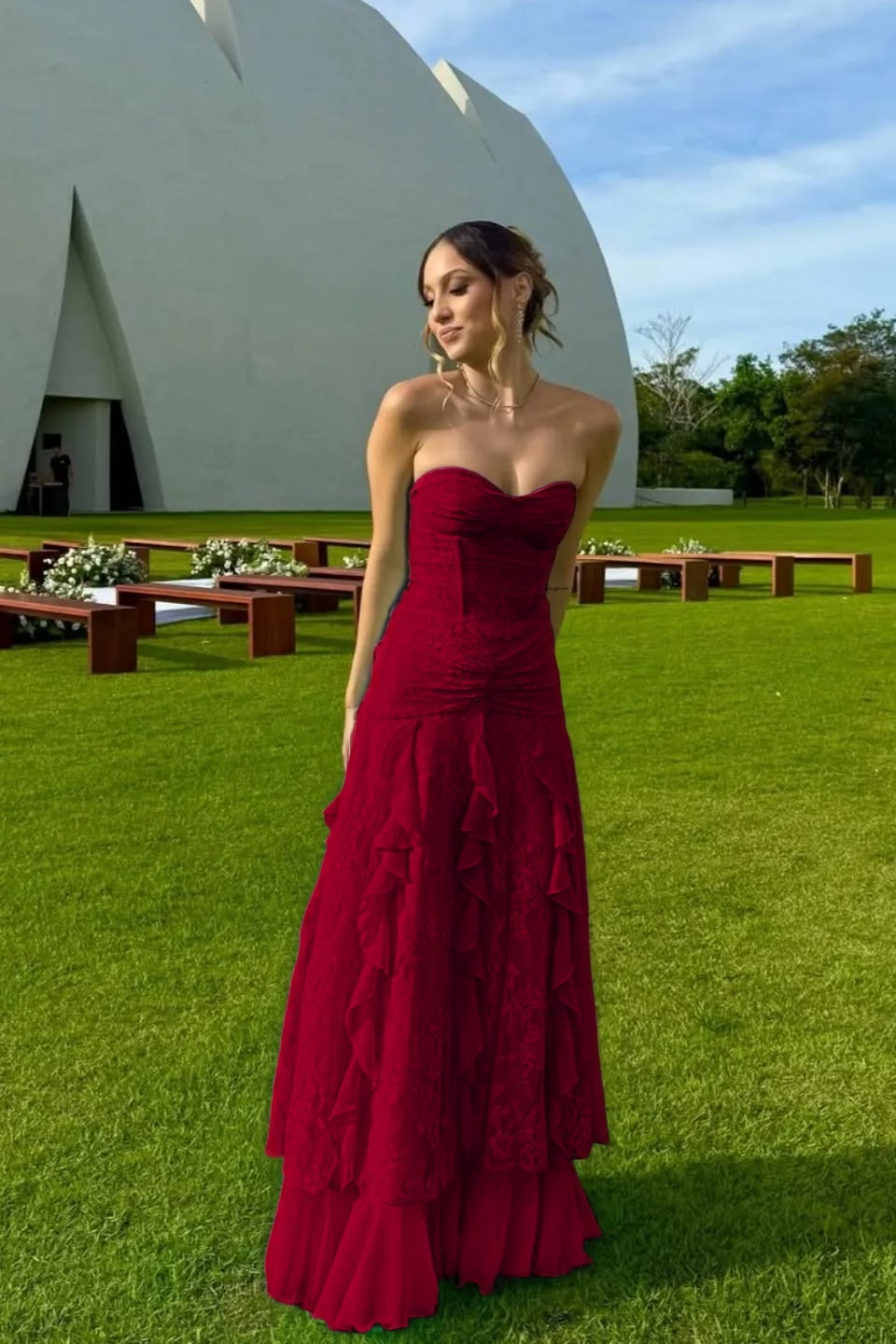 Unique Strapless Prom Dress Lace Ruffles A-Line Evening Dress GG7820