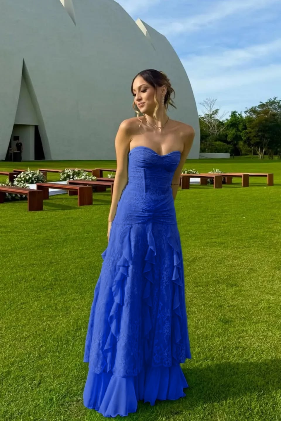 Unique Strapless Prom Dress Lace Ruffles A-Line Evening Dress GG7820