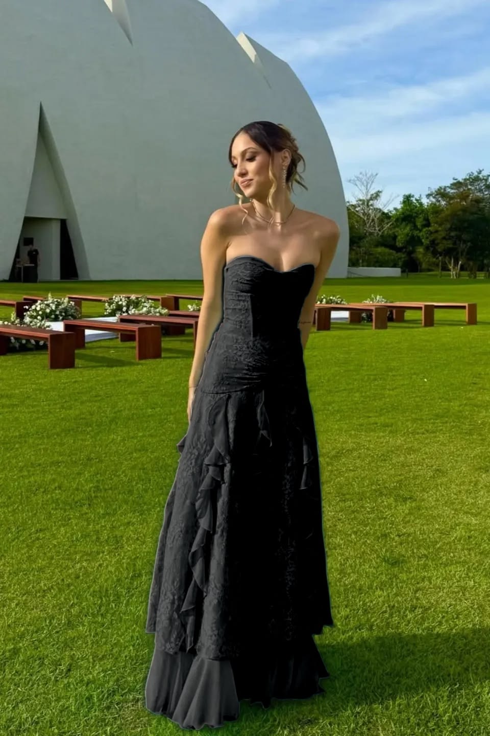 Unique Strapless Prom Dress Lace Ruffles A-Line Evening Dress GG7820