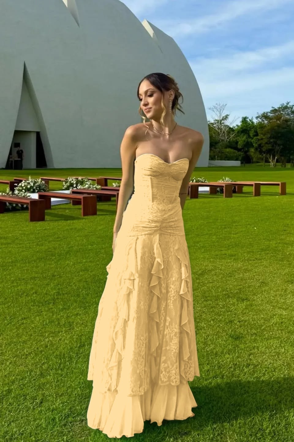 Unique Strapless Prom Dress Lace Ruffles A-Line Evening Dress GG7820