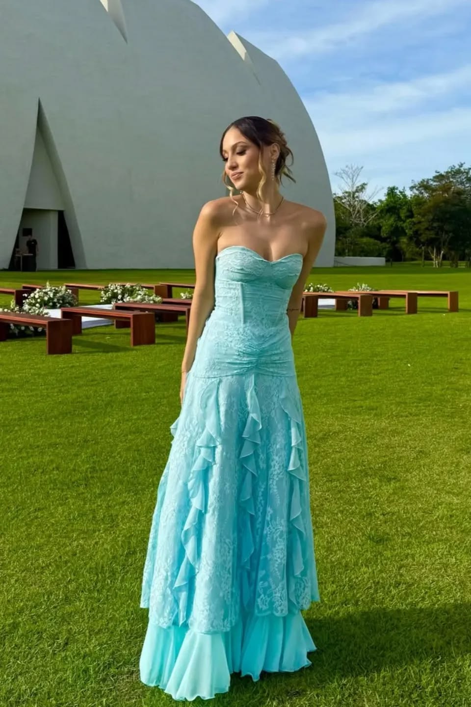 Unique Strapless Prom Dress Lace Ruffles A-Line Evening Dress GG7820