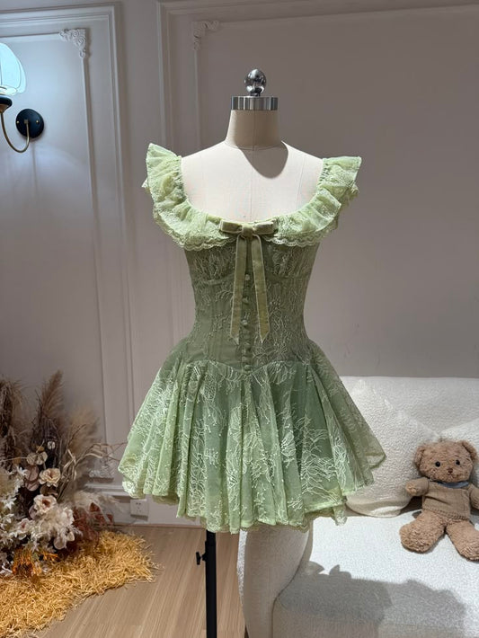 Alluring Square Neck Ruffles Homecoming Dress Green Lace A-Line Birthday Dress GG7823