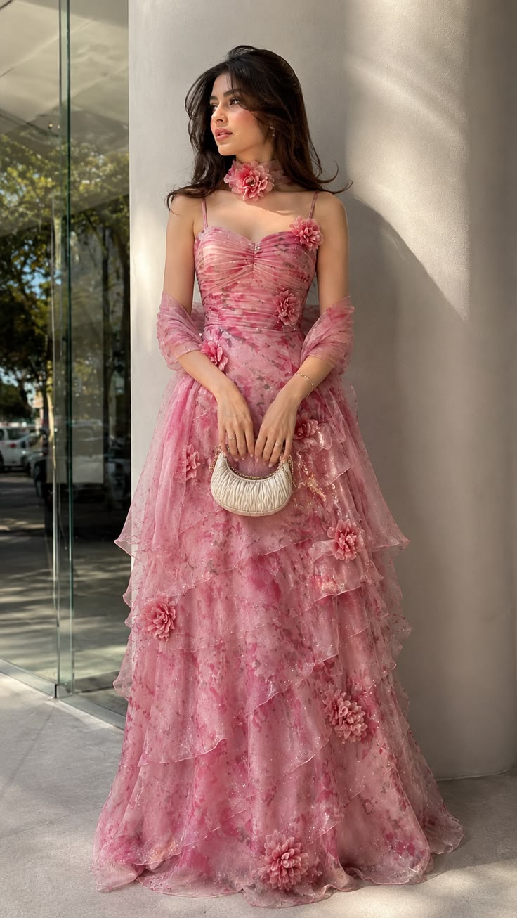 Dreamy Spaghetti Straps Prom Dress Pink Sequins Floral A-Line Evening Dress GG7824