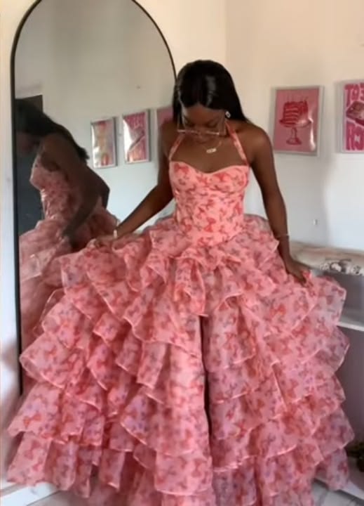 Charming Halter Neck Pink Prom Dress Floral Tiered A-Line Evening Dress GG7825