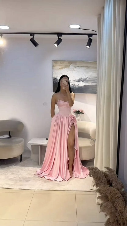 Chic Strapless Pink Prom Dress Satin Beads Slit A-Line Evening Dress GG7826