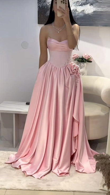 Chic Strapless Pink Prom Dress Satin Beads Slit A-Line Evening Dress GG7826