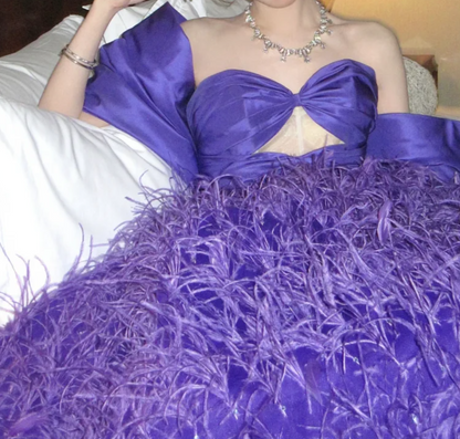 Attractive Off The Shoulder Prom Dress Purple Feather Sequins A-Line Evening Dress GG7828
