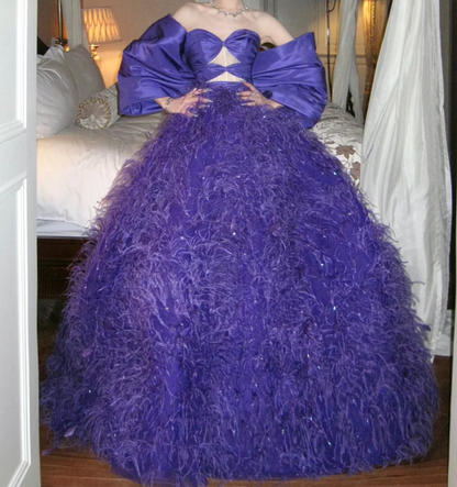 Attractive Off The Shoulder Prom Dress Purple Feather Sequins A-Line Evening Dress GG7828