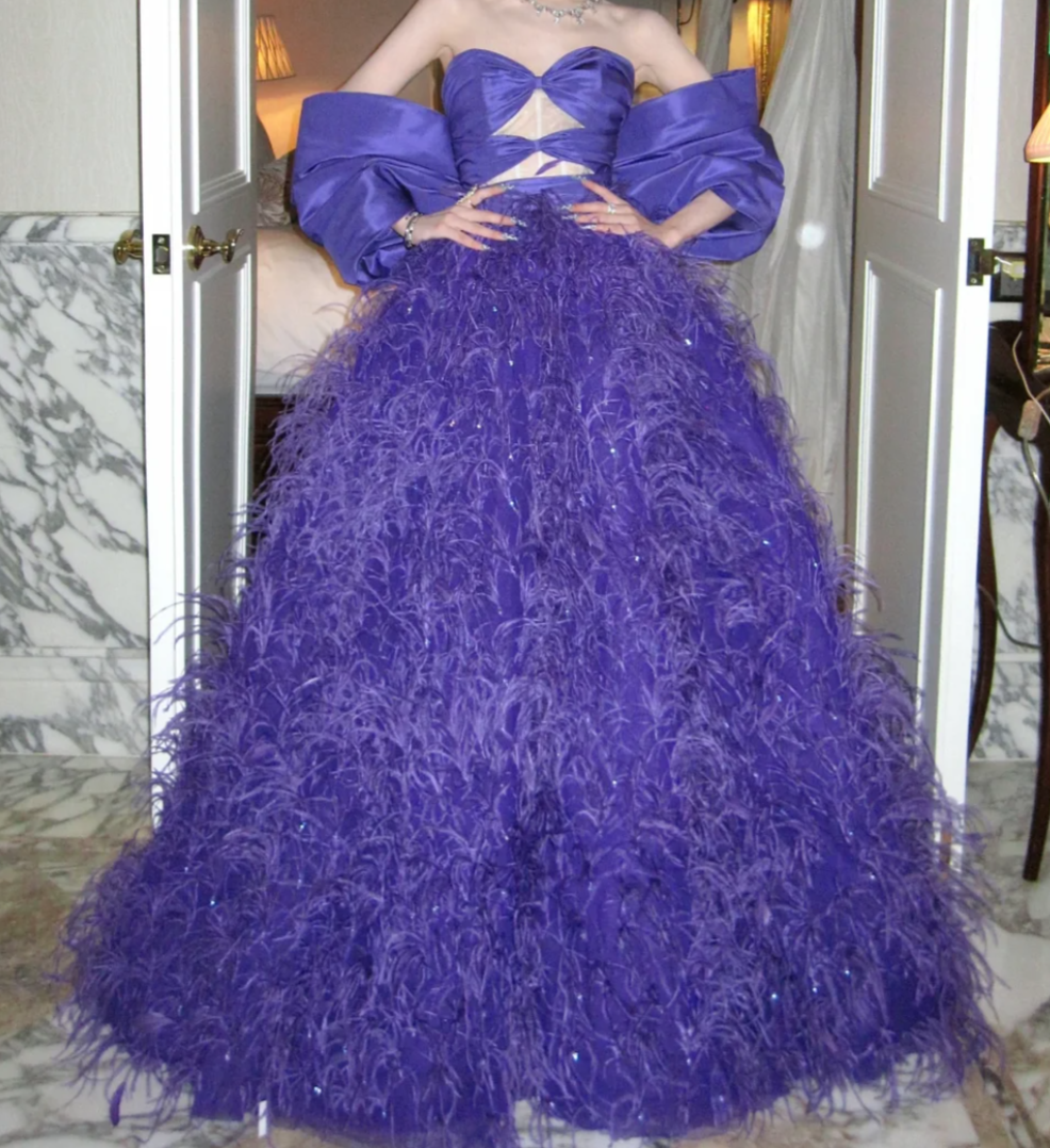 Attractive Off The Shoulder Prom Dress Purple Feather Sequins A-Line Evening Dress GG7828