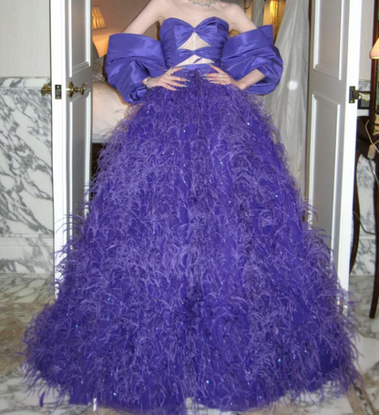 Attractive Off The Shoulder Prom Dress Purple Feather Sequins A-Line Evening Dress GG7828
