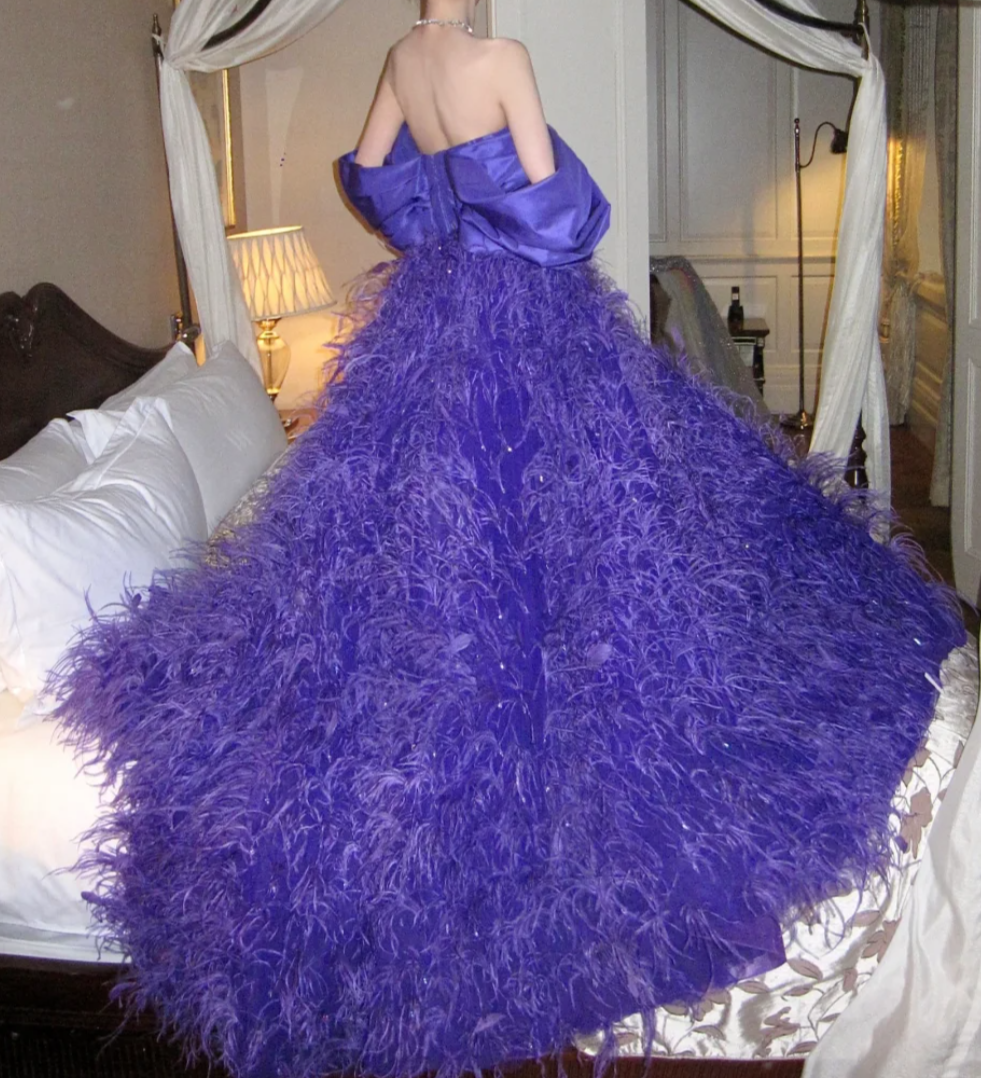 Attractive Off The Shoulder Prom Dress Purple Feather Sequins A-Line Evening Dress GG7828