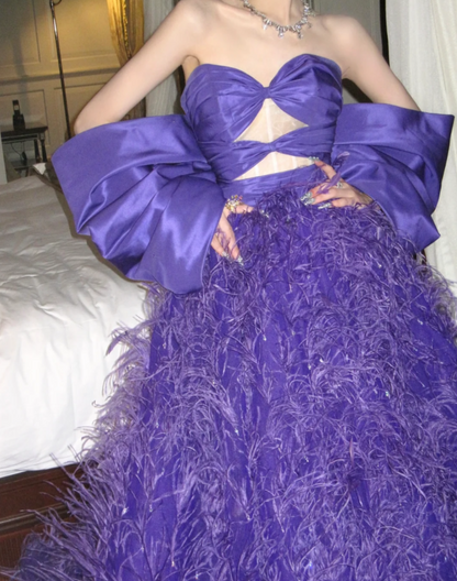 Attractive Off The Shoulder Prom Dress Purple Feather Sequins A-Line Evening Dress GG7828