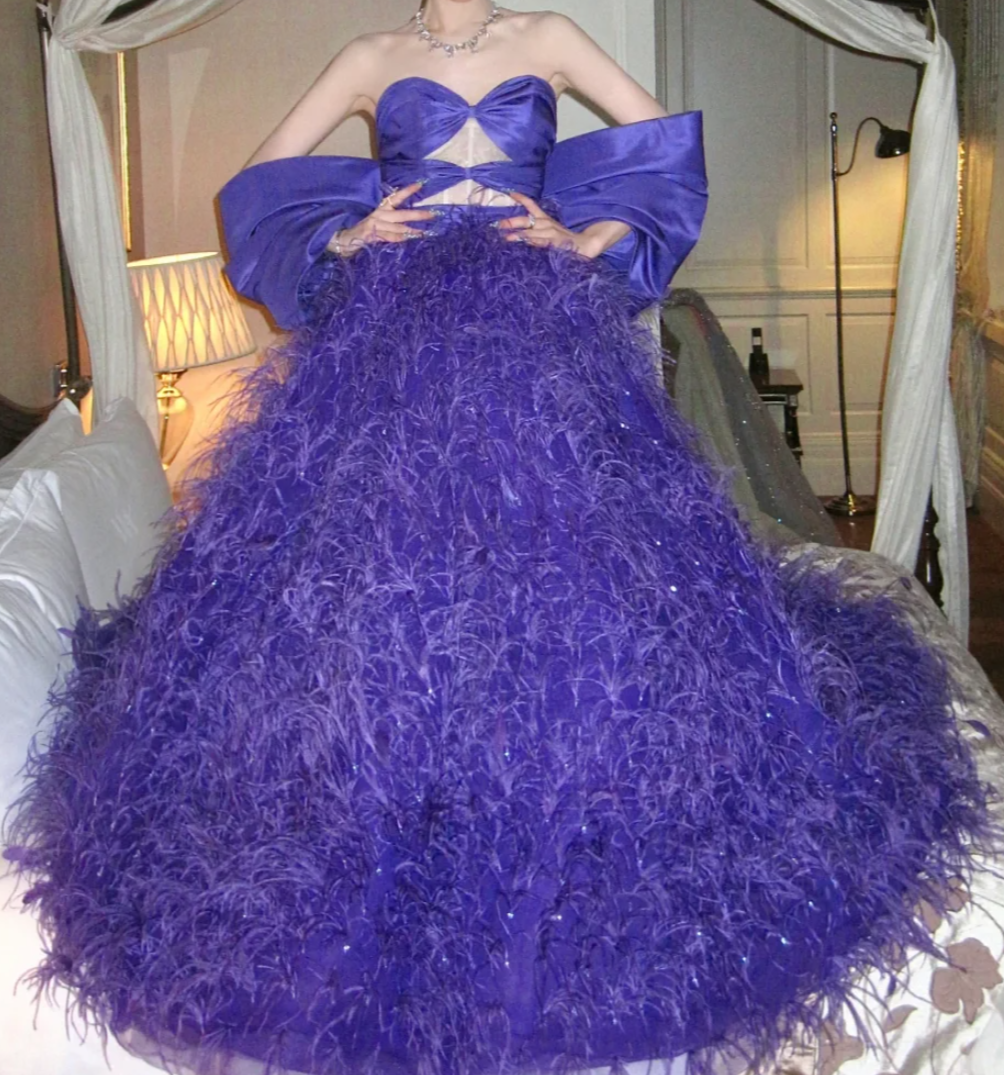 Attractive Off The Shoulder Prom Dress Purple Feather Sequins A-Line Evening Dress GG7828