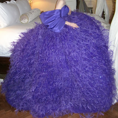 Attractive Off The Shoulder Prom Dress Purple Feather Sequins A-Line Evening Dress GG7828